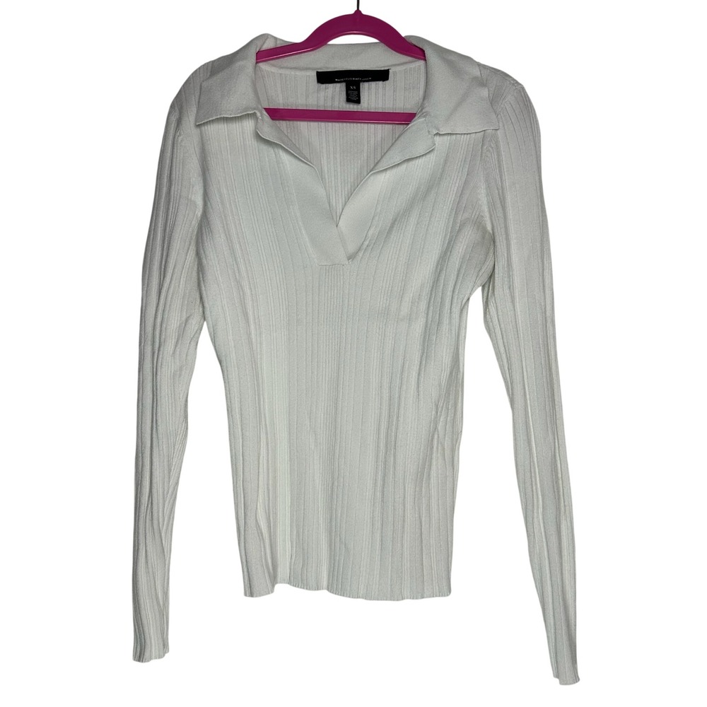 White House Black Market Ribbed Polo Sweater White V-Neck Long Sleeve‎ XS